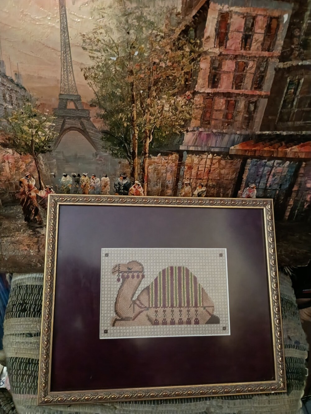 Rebecca Wood,Artist Framed Seated Camel 🐪 Needlepoint Art in Purple 💜 Gold 🪙